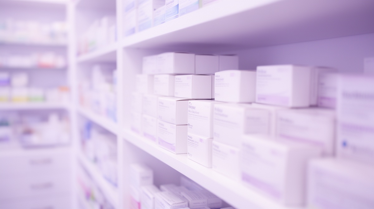 Cajas de material sanitario ordenadas en la estantería de la rebotica de una farmacia
