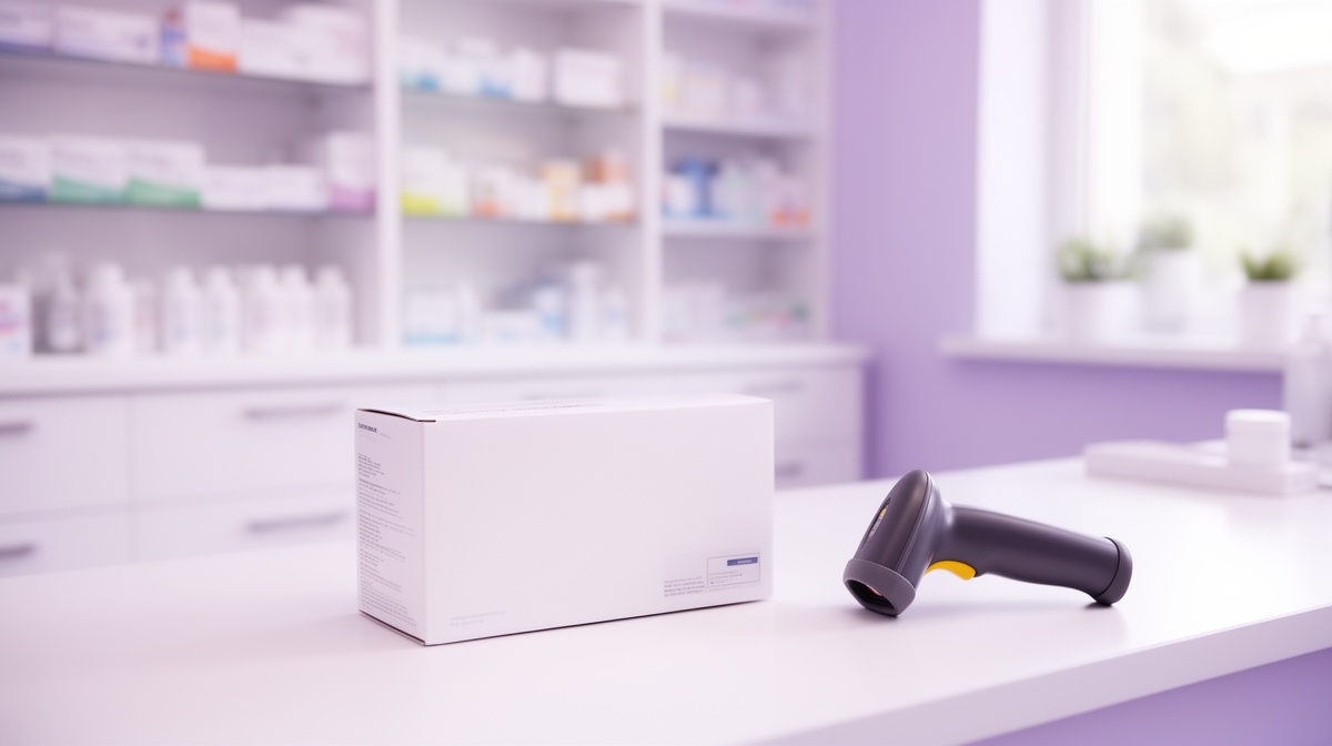 Caja blanca de un producto sanitario sobre el mostrador de una farmacia con un lector de códigos de barras al lado