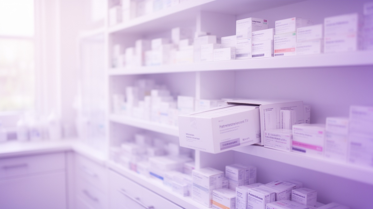 Estantería de cajas de productos sanitarios ordenadas en la trastienda de una farmacia